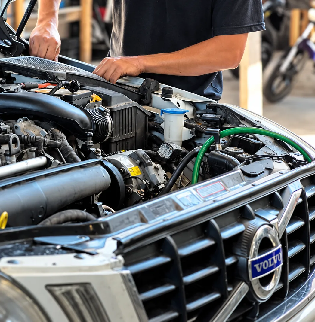 Mecânico inspecionando o compartimento do motor de um veículo com o capô aberto